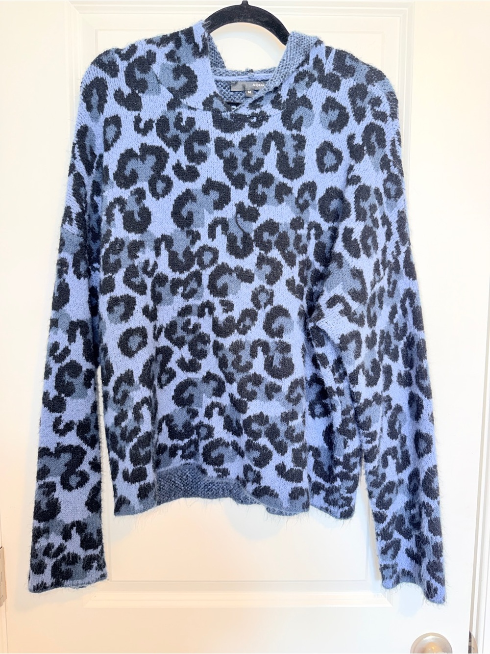 Aqua Cozy Leopard-Print Hoodie Sweater - Light Blue & Black